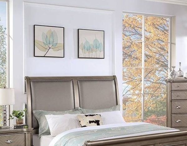 English Elm Modern Glam Eastern King Bed Faux Leather Headboard with Antique Silver Trim Accents B011S02104