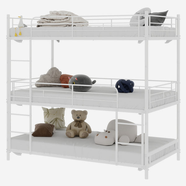 English Elm Heavy-duty triple bunk bed frame with built-in ladder, full guardrails, metal slats, space-saving design White W1935P330701