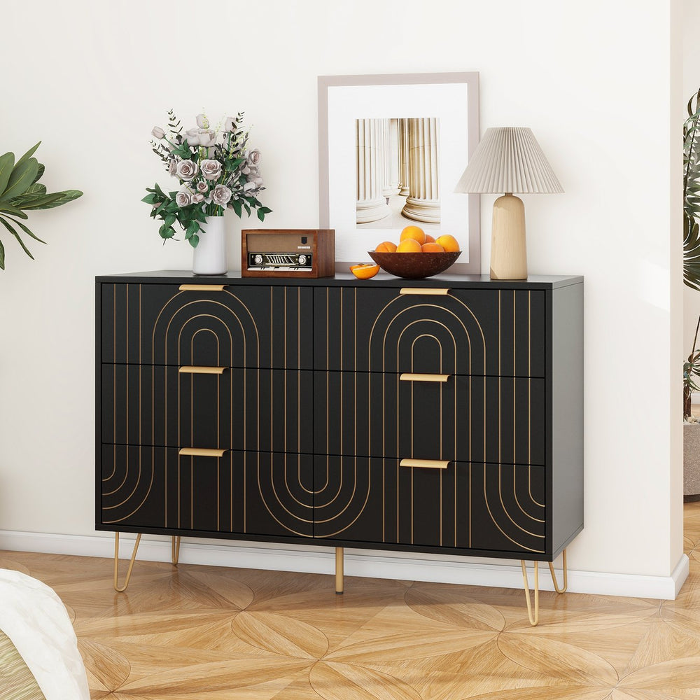 English Elm Modern 6 Drawer Dresser with Gold Metal Handles, Anti-Tip Design, Smooth Slide Drawers for Bedroom Black W688P170443