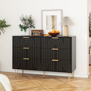 English Elm Modern 6 Drawer Dresser with Gold Metal Handles, Anti-Tip Design, Smooth Slide Drawers for Bedroom Black W688P170443
