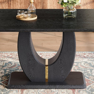 English Elm Black Wood Grain Mdf Dining Table Set Seats Six with Pu Leather Stripe Chairs W1151S04428
