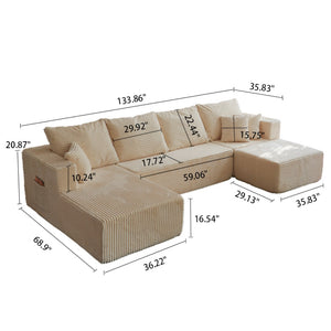 English Elm 133.86" Modular Cloud Sectional Corded Fabric U Shaped Sofa with Ottoman No Assembly W668S00010