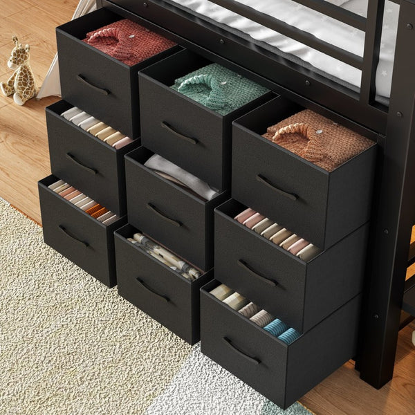 English Elm Twin Metal Low Loft Bed with Storage Stairs Fabric Drawers and Built-in Lights Black W5305S00045
