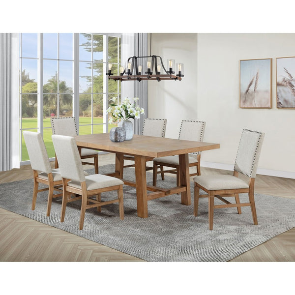 English Elm Carlos Pine Trestle Dining Set Seats Six with Nailhead Upholstered Chairs Natural Finish B062S01802
