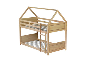 English Elm Twin House Floor Bunk Bed With Guardrails & Ladder - Solid Rubberwood, White Oak Finish, Ideal For Kids W504P227942-GIGA