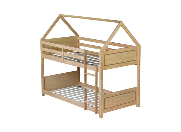 English Elm Twin House Floor Bunk Bed With Guardrails & Ladder - Solid Rubberwood, White Oak Finish, Ideal For Kids W504P227942-GIGA
