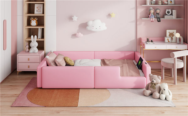 English Elm Twin Upholstered Platform Bed with Guardrail and Built-In Charging Station, Modern Sleek Design for Small Spaces Pink N709P186347H