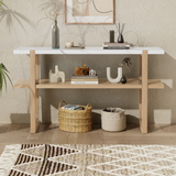 Trexm Retro Console Table, Marble-Effect Top, Versatile Storage, Entryway & Living Room (Natural)