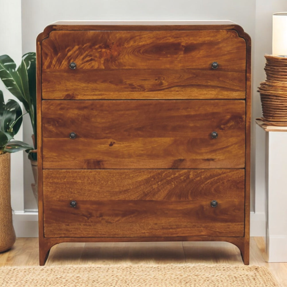 English Elm Newton Chestnut 3-Drawer Chest of Solid Mango Wood with Brass Knobs, Vintage Curved Edges, 31.5"L B182P303422