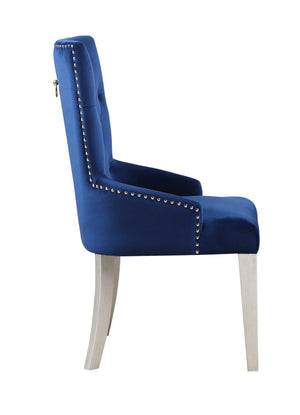 English Elm Blue Tufted Side Chair with High Back, Plush Padded Blue Fabric & Antique Platinum Finish for Elegant Dining Comfort and Support B062P215507