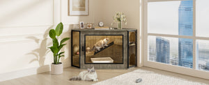 English Elm 48" Corner Mdf Cat Litter Enclosure Cabinet with Led Acrylic Door and Play Loft Grey N704P402446E