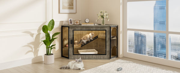 English Elm 48" Corner Mdf Cat Litter Enclosure Cabinet with Led Acrylic Door and Play Loft Grey N704P402446E