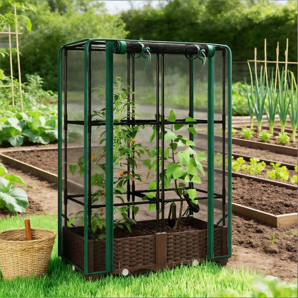 English Elm Crop Cage Raised Garden Bed with Trellis Mesh Enclosure and Built-in Water Reservoir T3971P454894