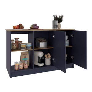 English Elm Juniper Multicolor Kitchen Island with 59" Deep Worktop, Double-Door Cabinet & Open Shelves, Modern Finish B070S00392