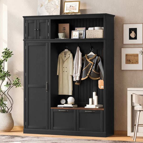 English Elm 3-in-1 Entryway Hall Tree with Cabinet Hooks Bench Drawers and Adjustable Shelving Black SJ000160AAB