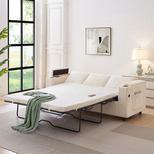 English Elm 81" Queen Sleeper Sofa with Pull Out Bed Storage Charging Ports and Cup Holders Beige W3705S00041