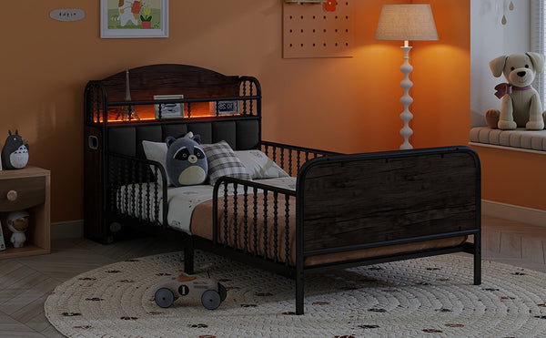 English Elm Twin Solid Wood Platform Bed with Guardrail for Kids, Low-Profile Sturdy Pine Frame, Safe Sleep Solution Black 45.87 L x 17.72 W x 11.22 H W2593P337457