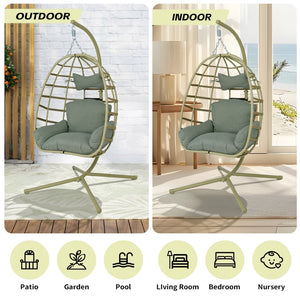 English Elm Egg Hanging Chair with Stand Pe Rattan Swing Seat Washable Cushion Patio Bedroom T5880P497437