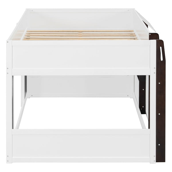 English Elm Twin House Loft Bed with Pull Out Rolling Desk Stair Drawers and Cabinet Storage Espresso+White N820S00074P