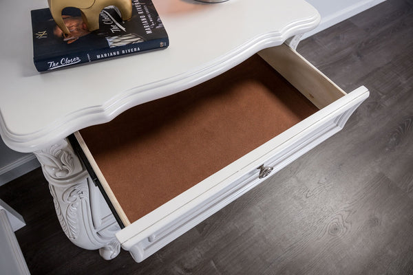 English Elm Traditional White Solid Wood Nightstand Hand Carved Drawers Acrylic Hardware Bedroom B2741P435292