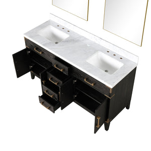 English Elm Black Oak Double Bath Vanity 60" W x 22" D with Polished Carrara Marble Top, Soft-Close Drawers & Mirrors B2731S02149
