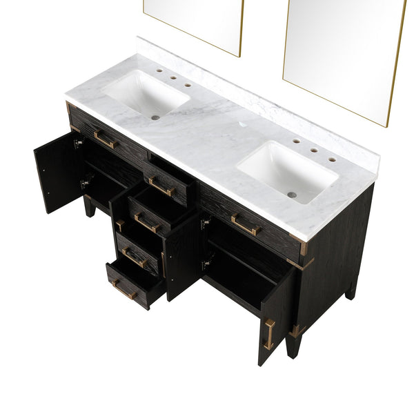 English Elm Black Oak Double Bath Vanity 60" W x 22" D with Polished Carrara Marble Top, Soft-Close Drawers & Mirrors B2731S02149