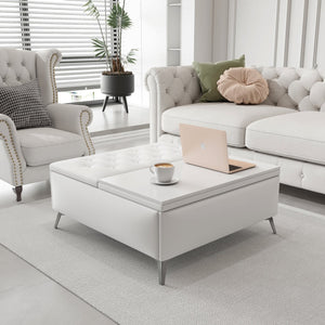 English Elm 35 Linen Square Storage Bench Coffee Table with Lift Top, Oversized Ottoman, Metal Legs, White - Spacious Hidden Storage, Modern Minimal Design, Easy Assembly W2361P190113