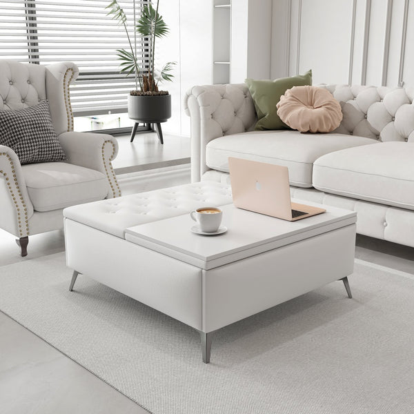 English Elm 35 Linen Square Storage Bench Coffee Table with Lift Top, Oversized Ottoman, Metal Legs, White - Spacious Hidden Storage, Modern Minimal Design, Easy Assembly W2361P190113