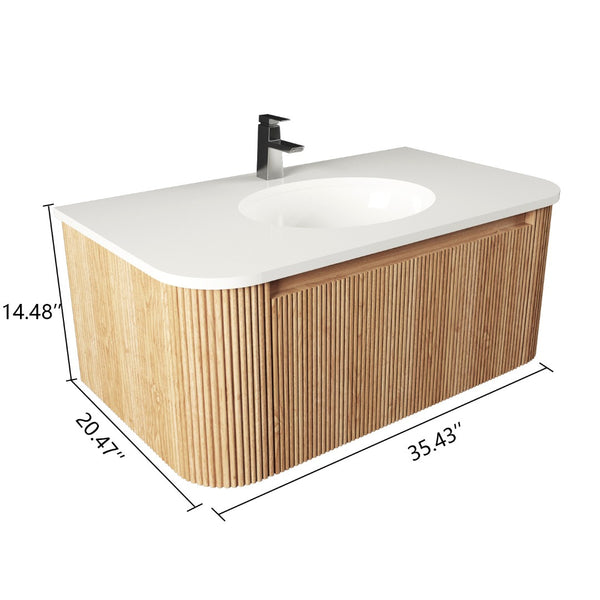 English Elm Arcora Floating Wall Vanity with Marble Ceramic Sink Slatted Wood Spa Design W3235S00007