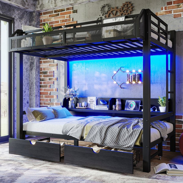English Elm Twin Over Metal Bunk Bed with Led Lights Usb Ports Drawers and Sofa Conversion W5305S00002