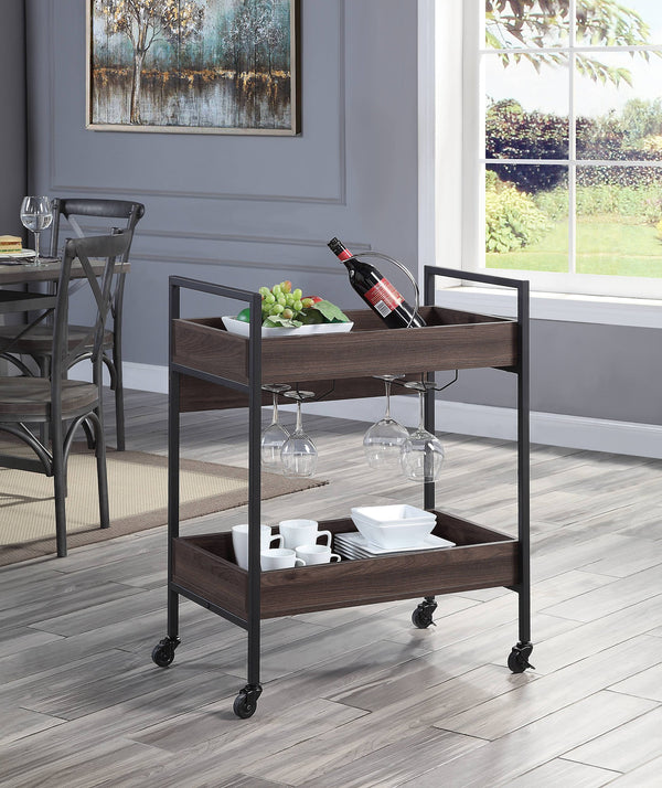 English Elm Jerrick Walnut & Black Serving Cart with 2-Tier Shelves, Powder-Coated Metal Frame, Cup Holder - Durable Utility Table B2726P286744