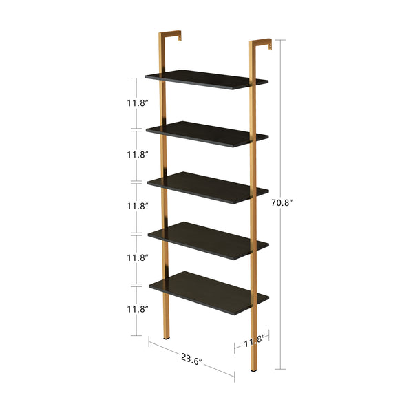 English Elm Industrial Ladder 5-Tier Wall-Mount Bookshelf with Metal Frame, MDF Shelves, Space-Saving Vertical Storage, Black/Golden Finish W578P357543