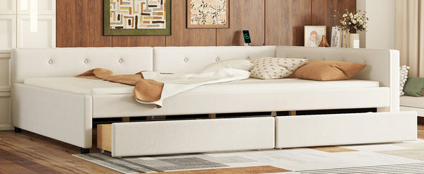 English Elm Full Full Size Upholstered Platform Bed with USB Ports, 2 Storage Drawers, Beige Linen Elegance DL000585AAA