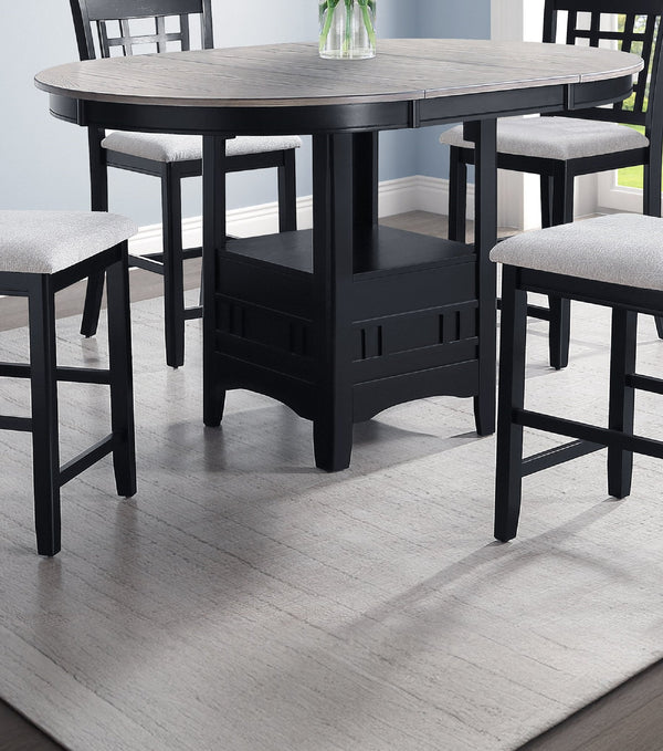 English Elm 1pc Counter Height Extendable Dining Table with 18" Leaf, Fixed Shelf Pedestal, Two-Tone Wood Finish Light Gray 45 L x 45 W x 8.5 H B011P373706