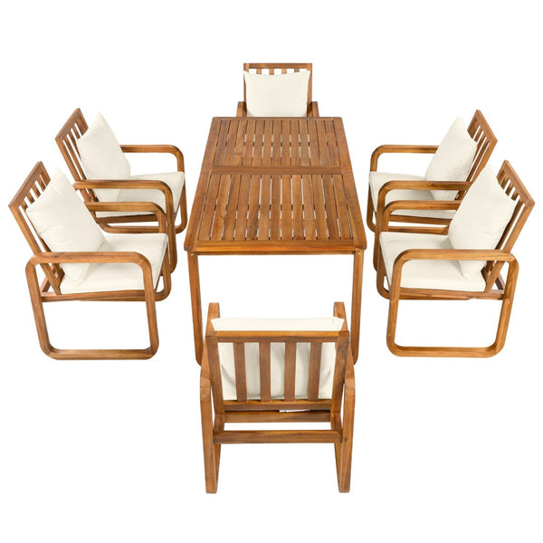 English Elm Outdoor Acacia Wood Dining Set Seats Six with Cushioned Armrest Chairs for Patio Beige,Natural Wood N719Z000200A