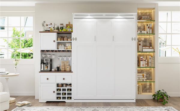 English Elm Queen Murphy Bed with Wine Rack Glass Holder Led Lighting and Cabinet White White LP000391AAK