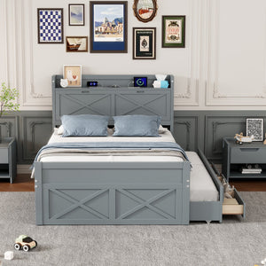 English Elm Full Full Size Wooden Bed with Storage Headboard, Built-In Outlets, Trundle & 3 Drawers for Space-Saving Bedrooms Gray 80.51 L x 17.12 W x 4.57 H N733S172712E