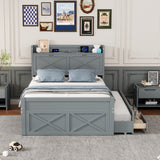 English Elm Full Size Wooden Bed With Storage Headboard With Outlets, Extendable Bed With Twin Size Trundle With Three Storage Drawers,Gray