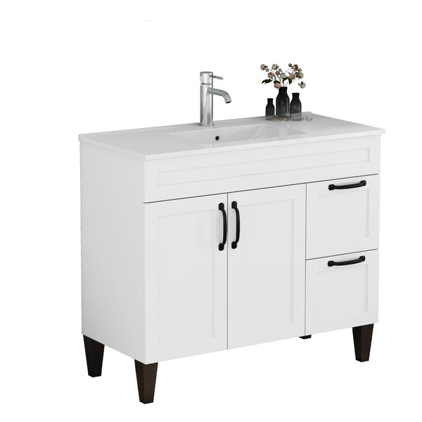 English Elm 39.4-inch White Bathroom Vanity with Sink Soft Close Doors Deep Drawers Black Hardware W3151S00076