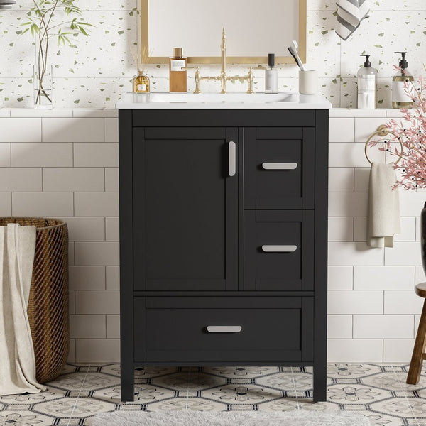 English Elm Modern 24 Inch Bathroom Vanity Solid Wood Cabinet with Ceramic Sink and Soft Close Storage Black N729P292859B