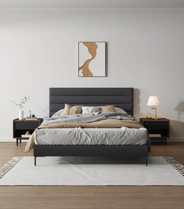 English Elm Duane Fluted 20" Nightstand in Black with Ribbed MDF, Handless Drawer & Iron Feet for Style B365P398187