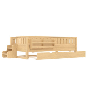 English Elm Twin Kids Platform Bed with Trundle Staircase Bookshelf and Rounded Safety Rails Light Natural W1580S00557
