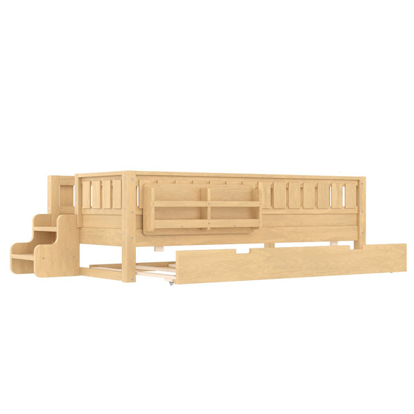 English Elm Twin Kids Platform Bed with Trundle Staircase Bookshelf and Rounded Safety Rails Light Natural W1580S00557