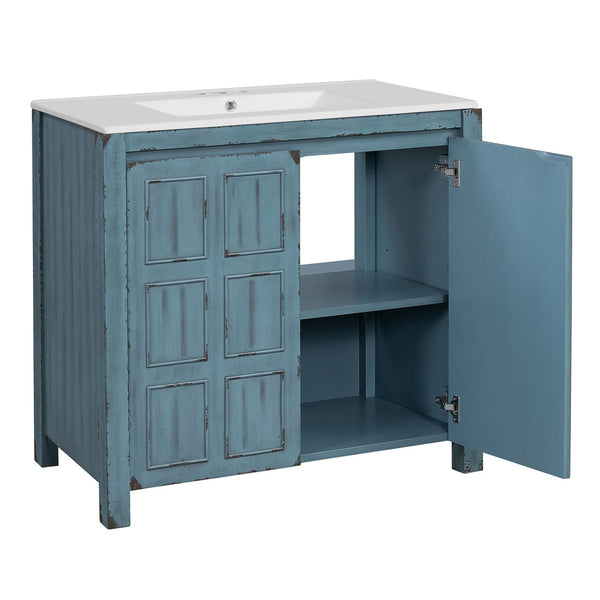 English Elm 36" Bathroom Vanity Organizer with Ceramic Sink, Solid Wood Distressed Finish, Hand-Painted Charm and Ample Storage Retro Blue N729P255666C