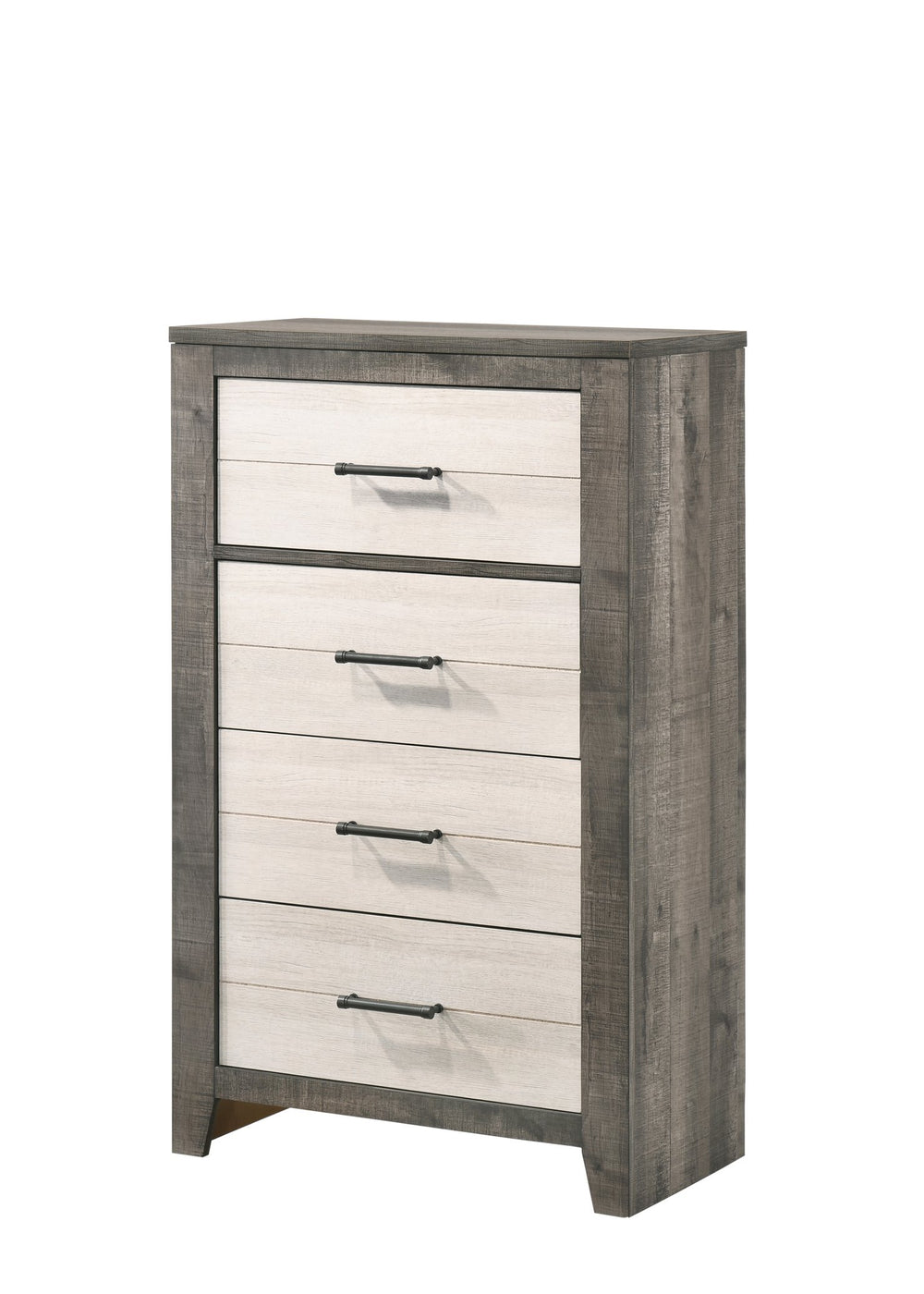 English Elm 1pc Two-Tone 4-Drawer Chest 30"x16.5"x48.3" — Spacious Bedside Storage, Metal Pulls, Gray-Beige Finish B2741P343802