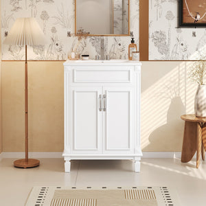 English Elm 24'' Bathroom Vanity with Sink - Solid Wood Frame, Glossy Ceramic Basin, Soft-Close Doors & Ample Storage Elegant Modern Design, Durable MDF Construction, Retro Metal Handles, Compact 24-inch Cabinet White N710P317675K