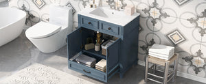 English Elm 30'' Bathroom Vanity with Sink - Retro Solid Wood Frame, Ceramic Basin, Soft-Close Doors & Ample Storage Blue N710P190656C