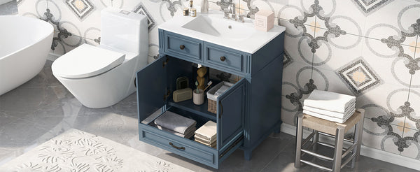 English Elm 30'' Bathroom Vanity with Sink - Retro Solid Wood Frame, Ceramic Basin, Soft-Close Doors & Ample Storage Blue N710P190656C