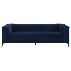 English Elm Darci Blue Velvet Tuxedo Sofa with Channel Tufting and Angled Black Metal Legs — Luxe Accent Seating B062P357812