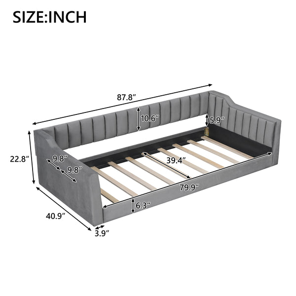 English Elm Twin XL Upholstery Daybed with Vertical Channel Tufting, Velvet Fabric, Slat Support & Side Storage Pocket for Guests Gray DL002210AAE